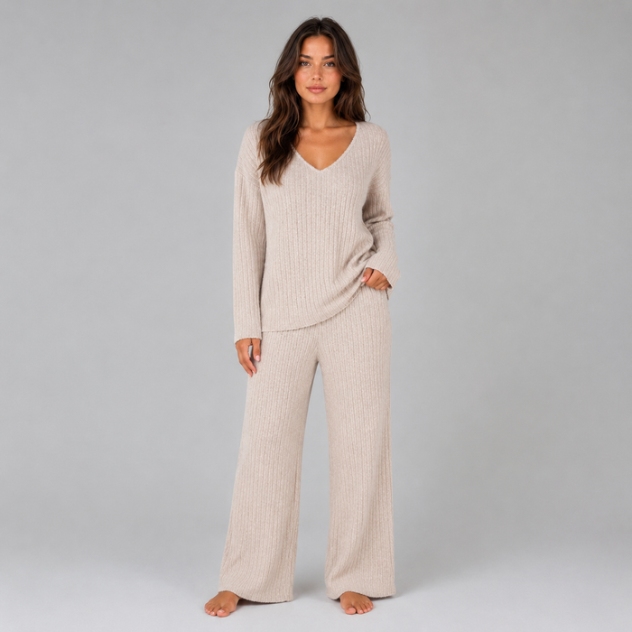 Women's Ribbed Knit Lounge Set with V-Neck Top and Wide Leg Pants
