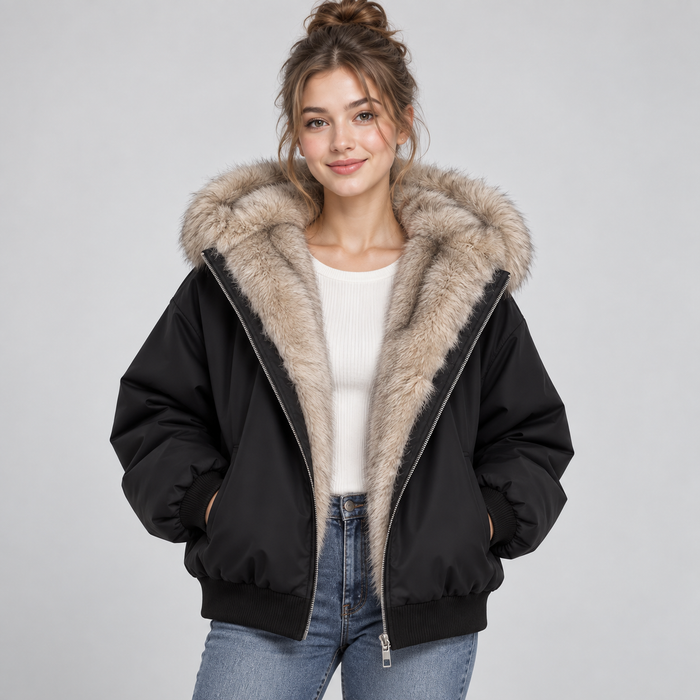 Women's Cropped Hooded Puffer Jacket with Faux Fur Trim