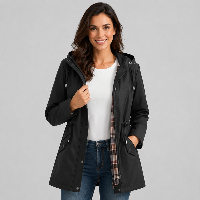 Women's Hooded Rain Jacket with Plaid Lining