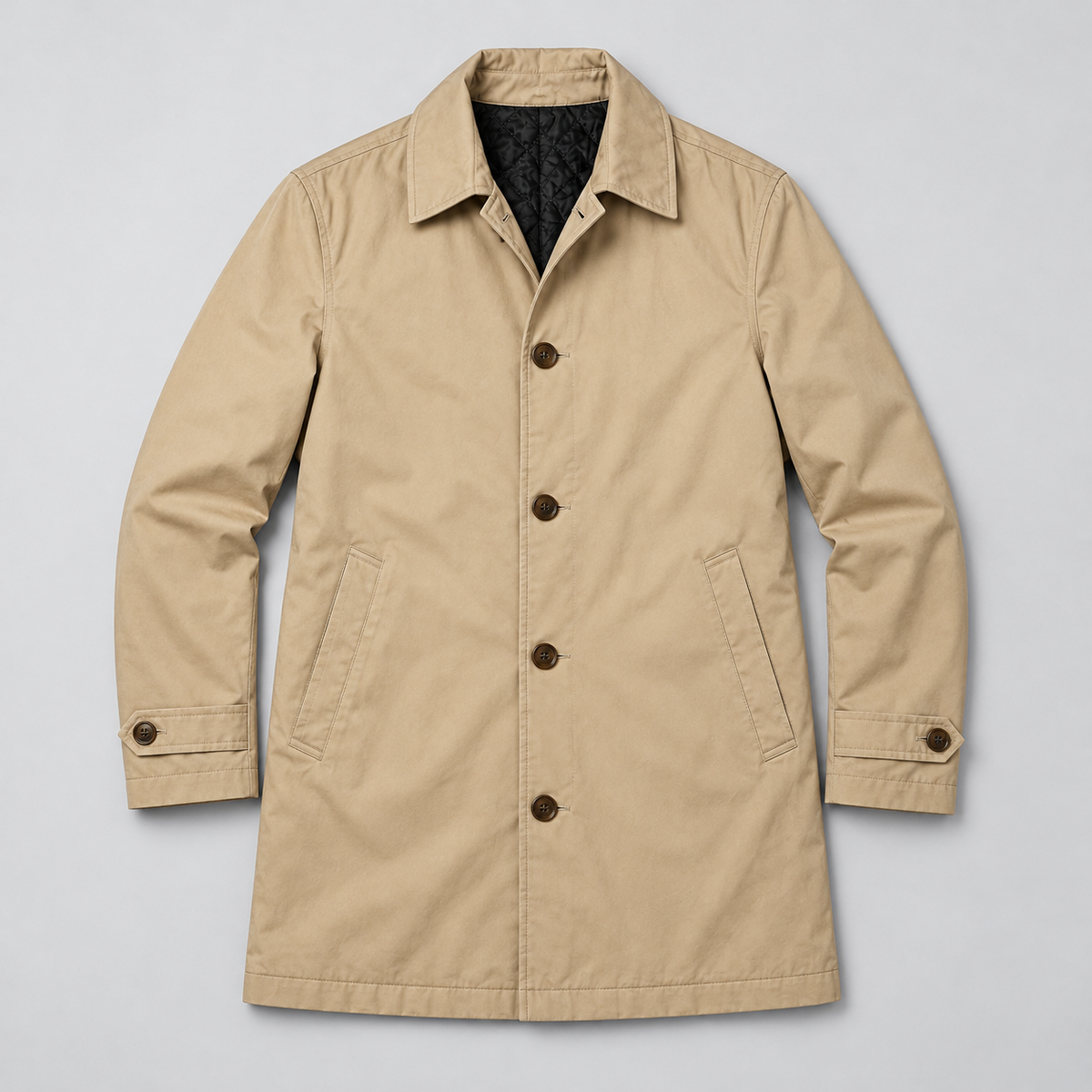 Rowenfield Men's Tailored Longline Button Front Coat — Beige coat laid flat — front