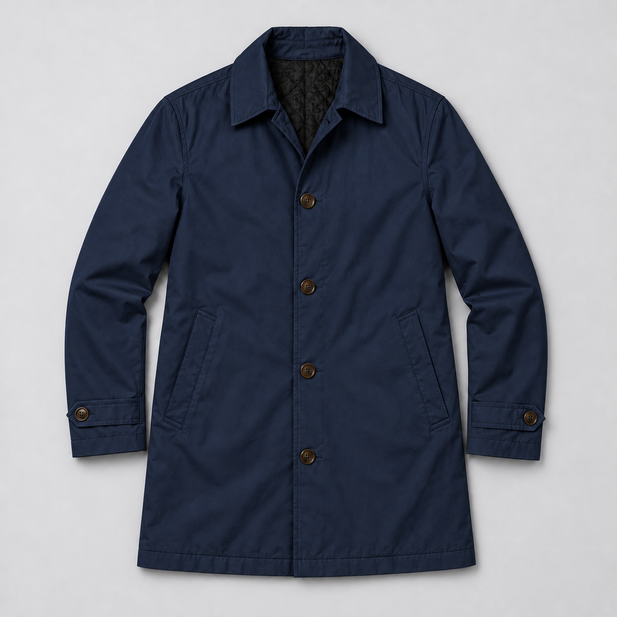 Rowenfield Men's Tailored Longline Button Front Coat — Navy coat laid flat — front