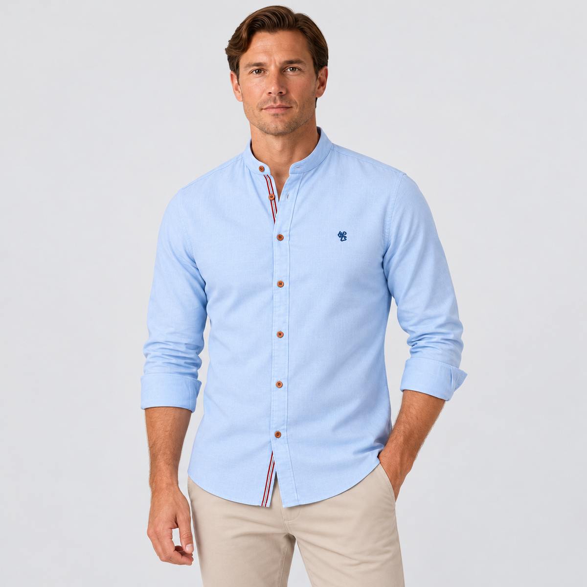 Rowenfield Men's Collarless Long-Sleeve Shirt — Light Blue — studio front