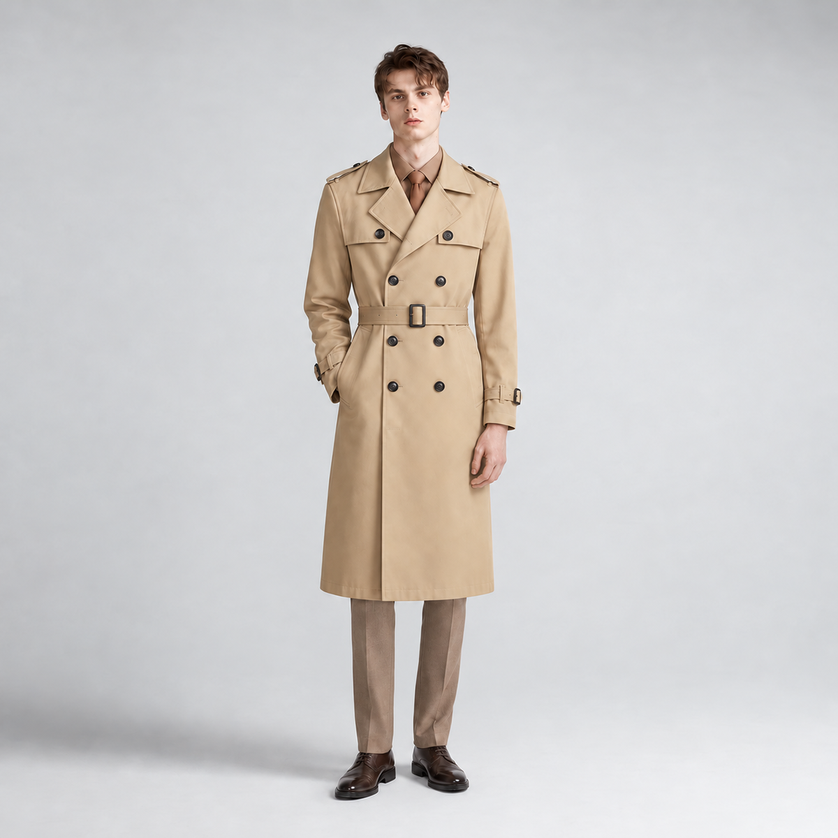 Rowenfield Men's Belted Trench Coat with Double Breasted Front – khaki front view