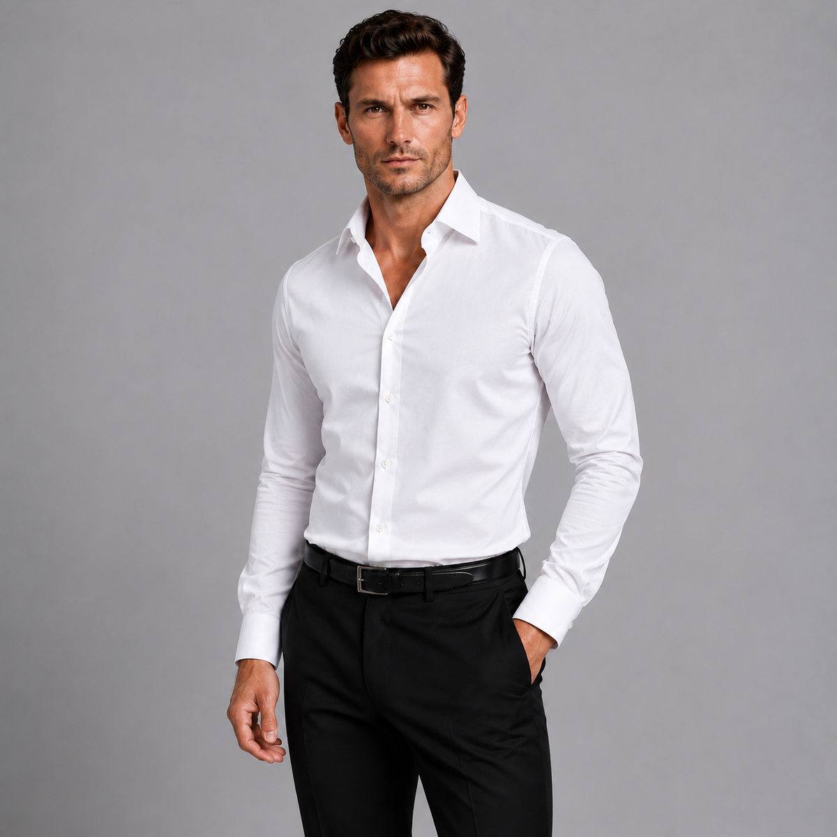 Rowenfield Men's Slim Fit Satin Stretch Shirt White studio product photo 4