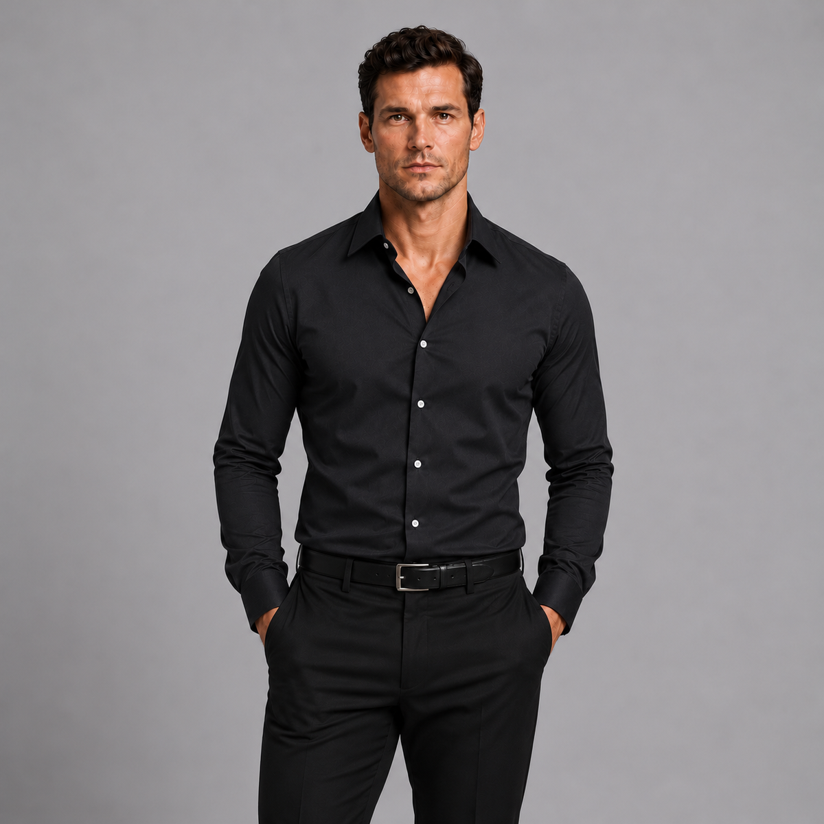 Rowenfield Men's Slim Fit Satin Stretch Shirt Black studio product photo 5