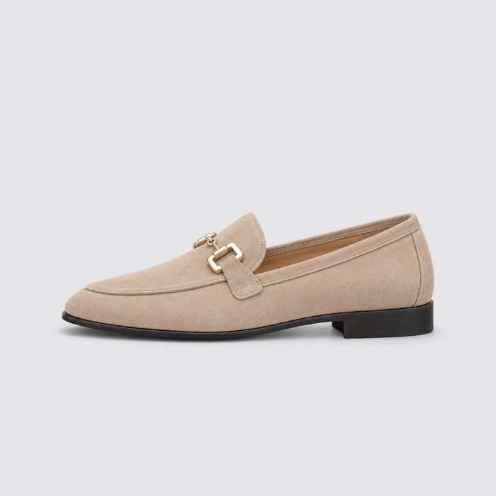 Beige loafer, side view, background #e5e5e7