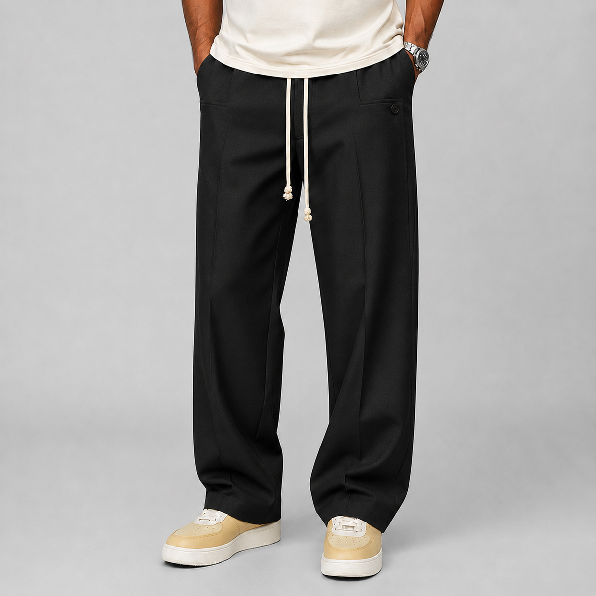 Men's Relaxed Fit Wide Leg Pants with Drawstring Waist