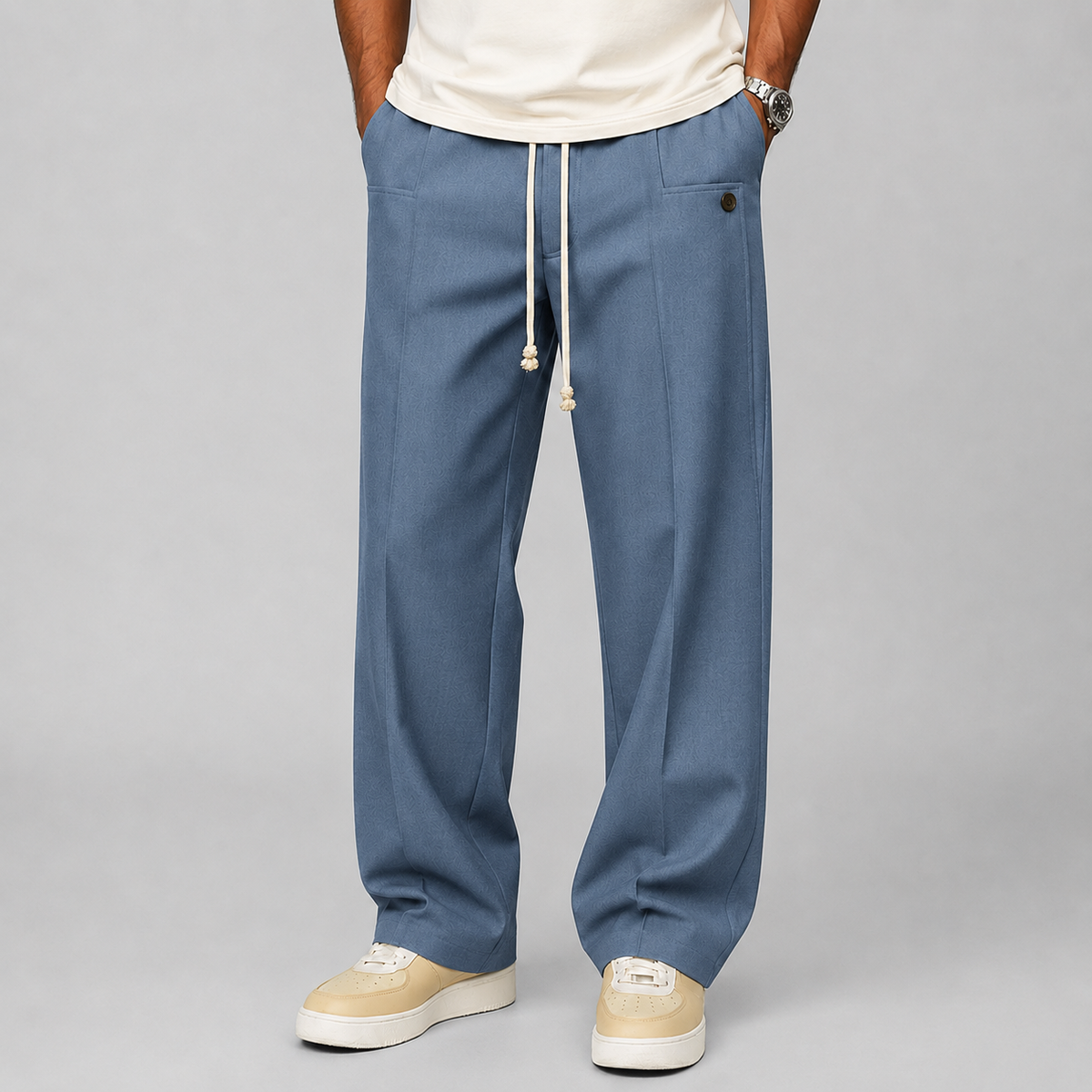 Men's Relaxed Fit Wide Leg Pants with Drawstring Waist