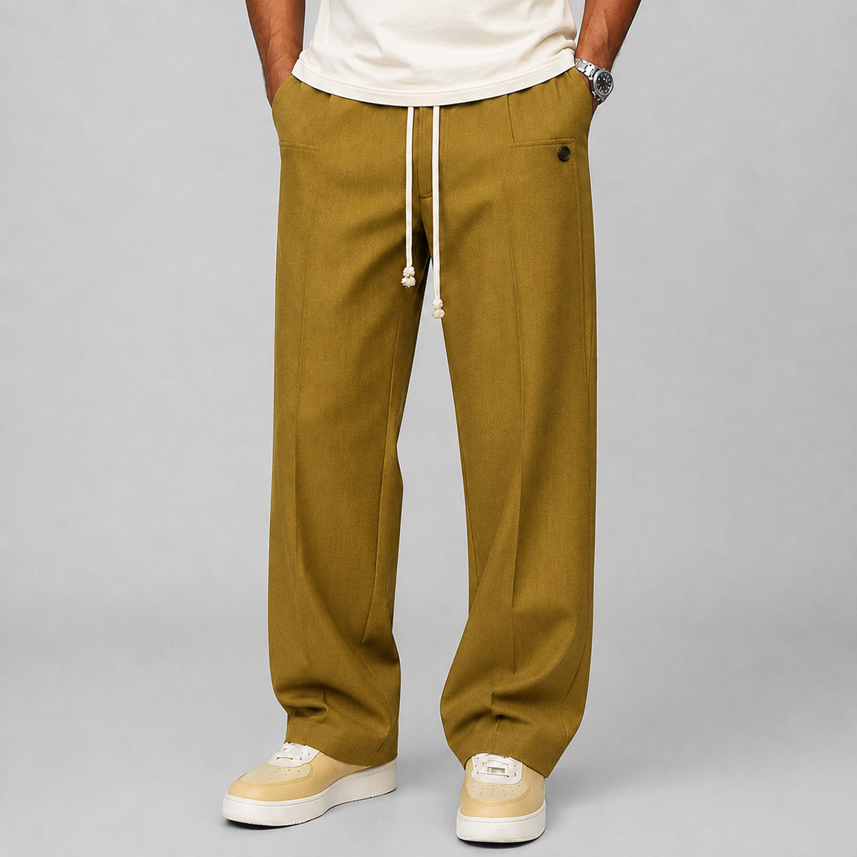 Men's Relaxed Fit Wide Leg Pants with Drawstring Waist
