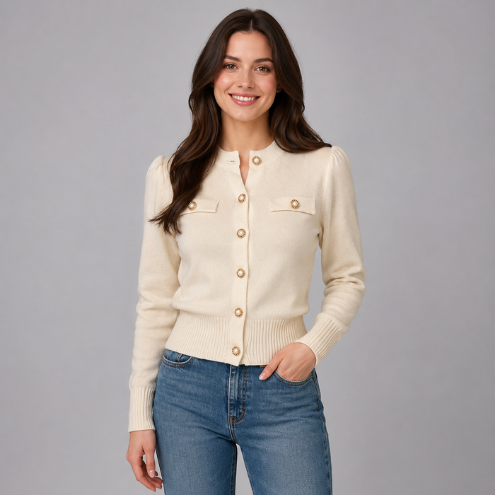 Women's Cropped Round Neck Cardigan with Gold-Tone Buttons