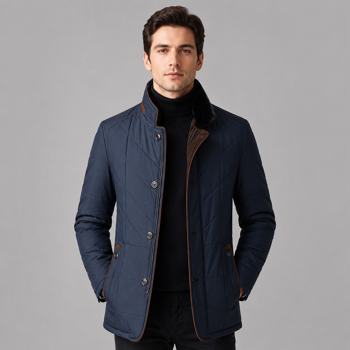 Rowenfield Men's Quilted Jacket Stand Collar Zip Up — Dark Blue