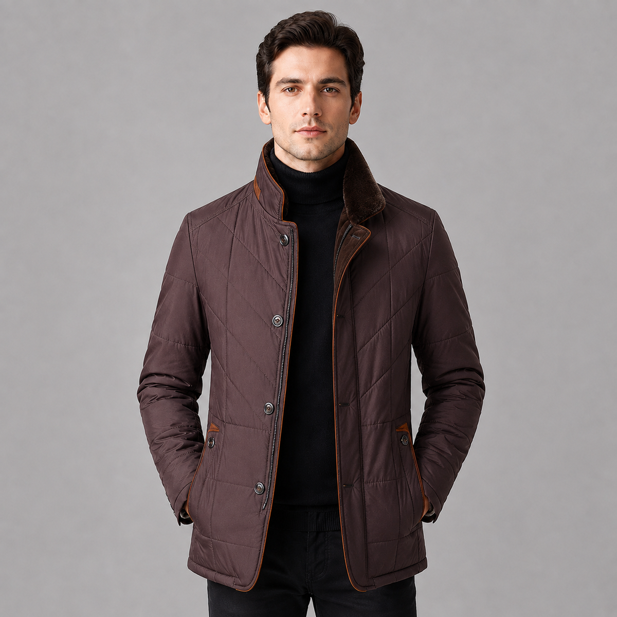 Rowenfield Men's Quilted Jacket Stand Collar Zip Up — Burgundy