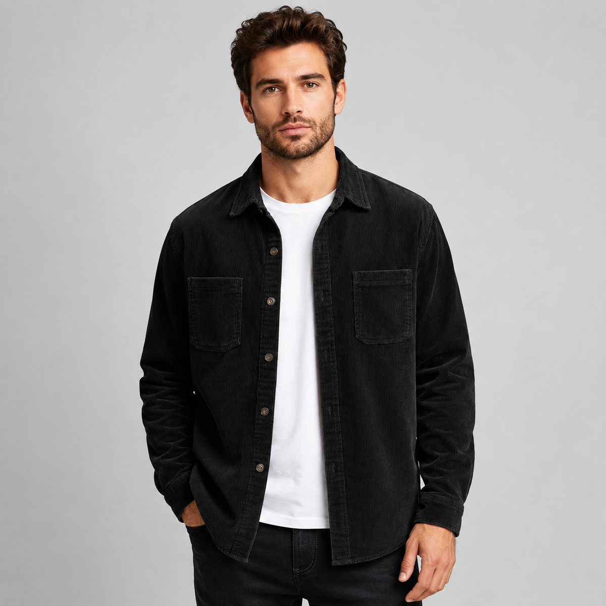 Men's Corduroy Button-Front Shacket with Lapel Collar