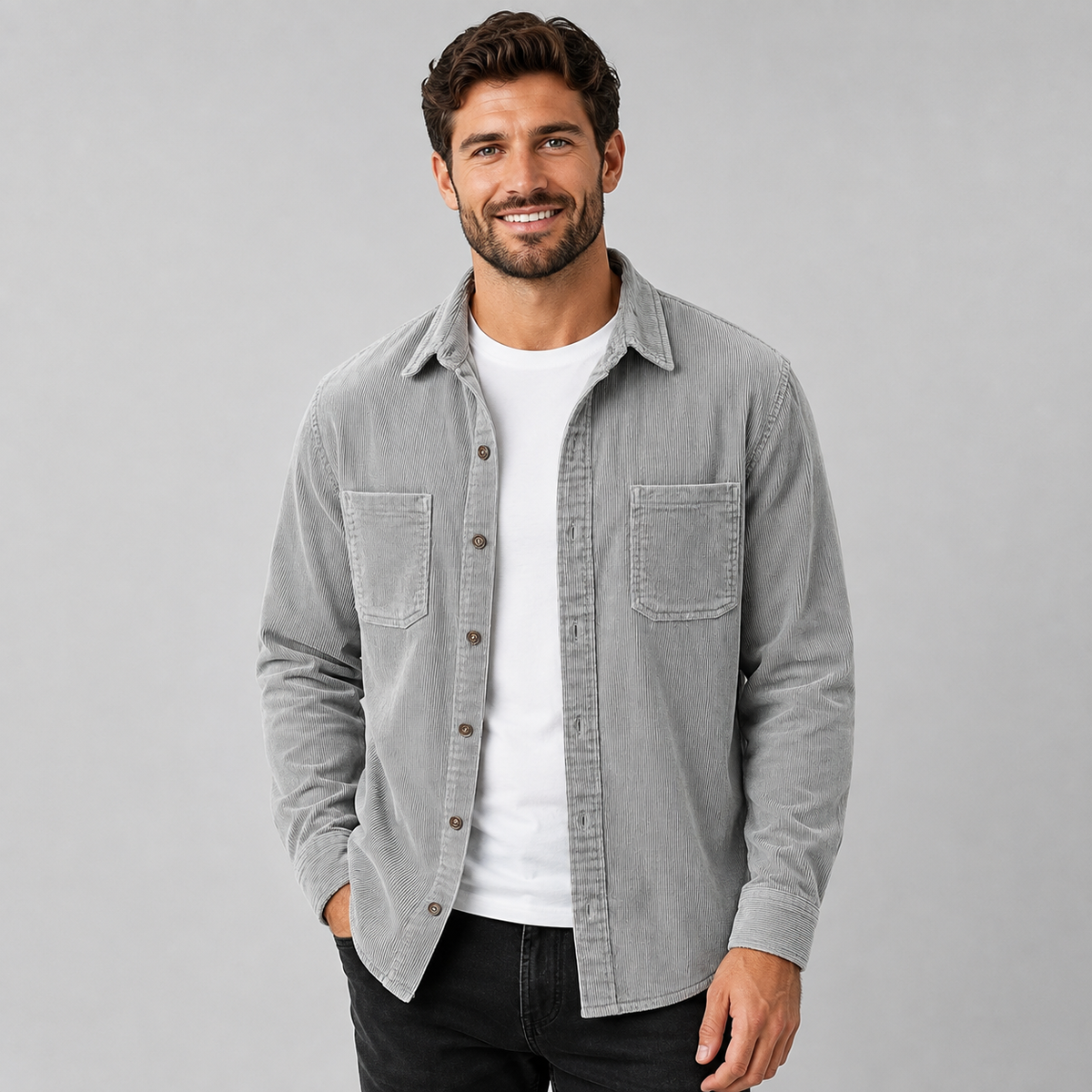 Men's Corduroy Button-Front Shacket with Lapel Collar