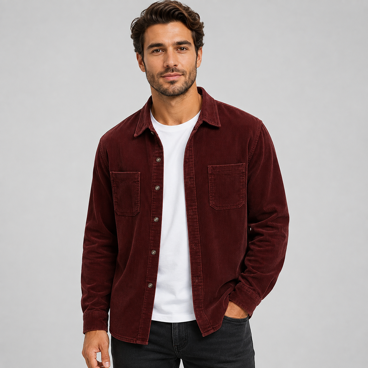Men's Corduroy Button-Front Shacket with Lapel Collar