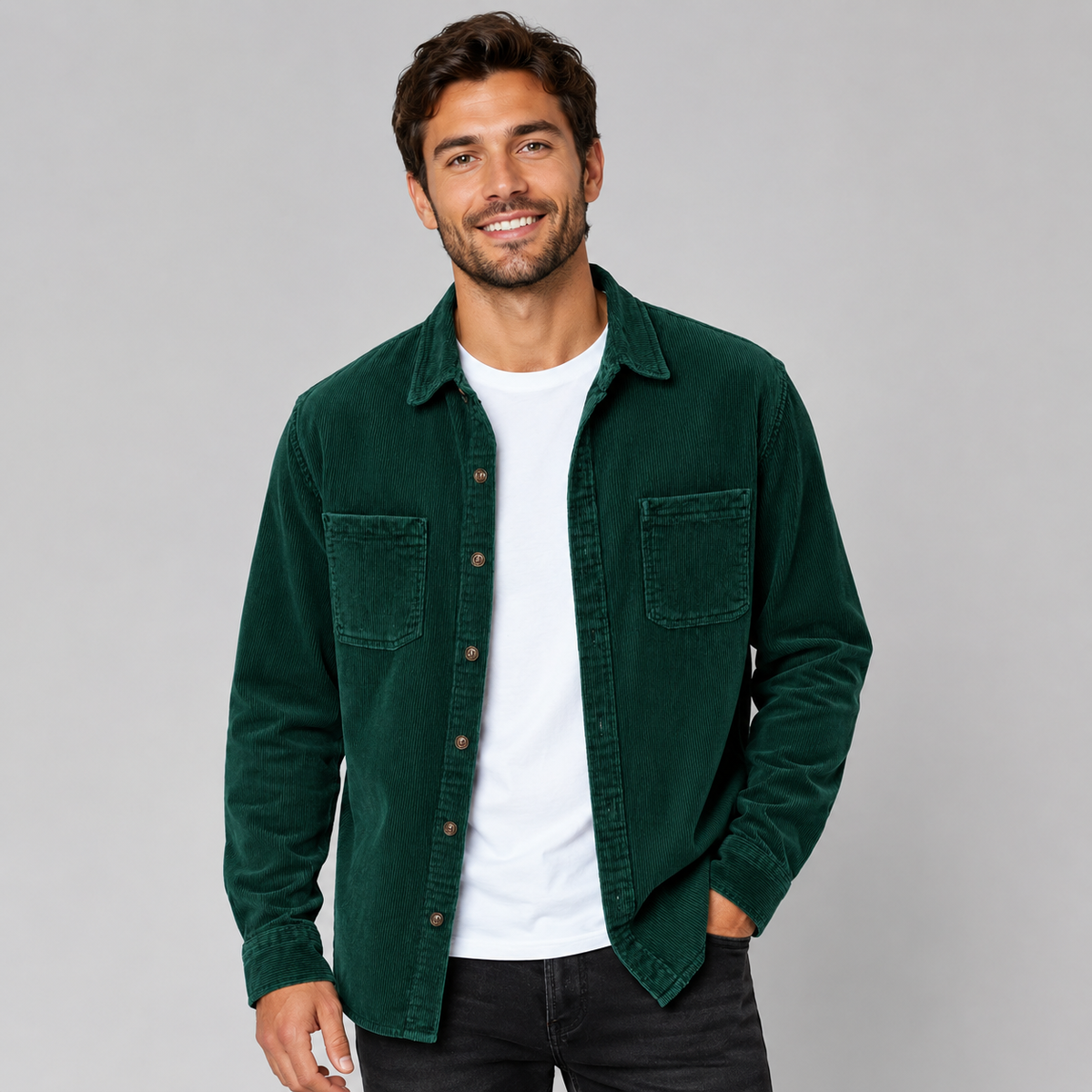 Men's Corduroy Button-Front Shacket with Lapel Collar