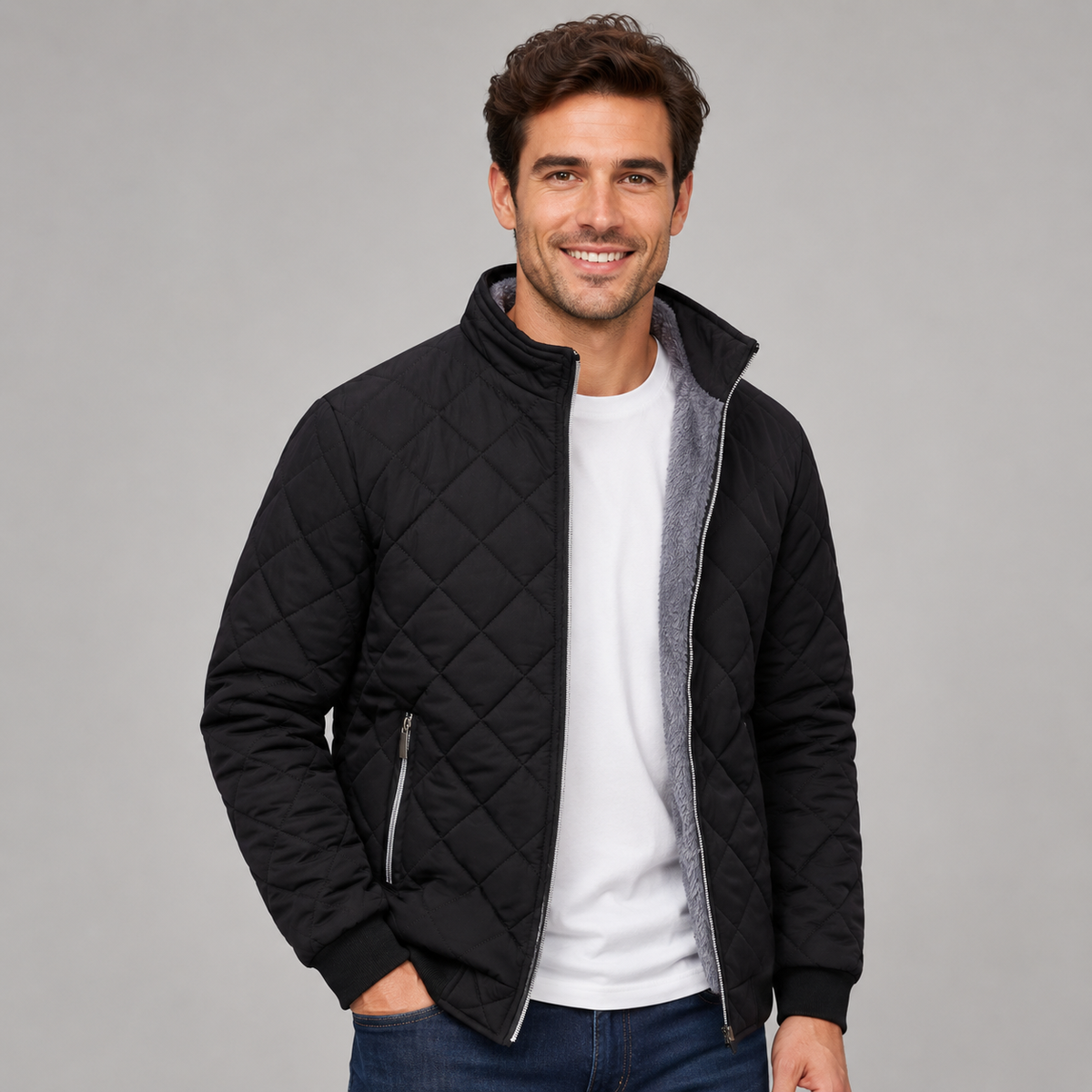 Men's Diamond-Quilted Zip-Up Jacket with Stand Collar
