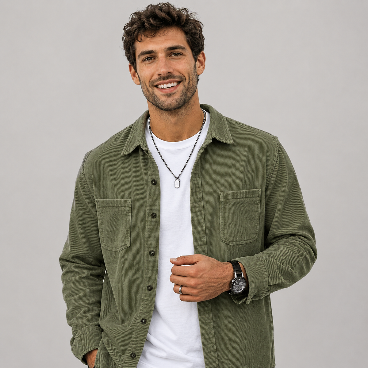 Men's Corduroy Button-Front Shacket with Lapel Collar