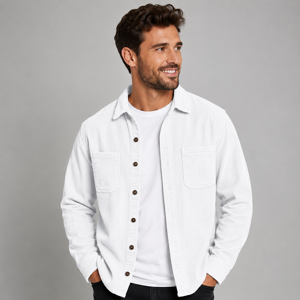 Men's Corduroy Button-Front Shacket with Lapel Collar