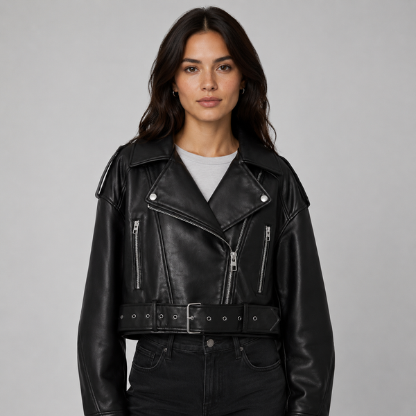 Women's Faux Leather Belted Moto Jacket
