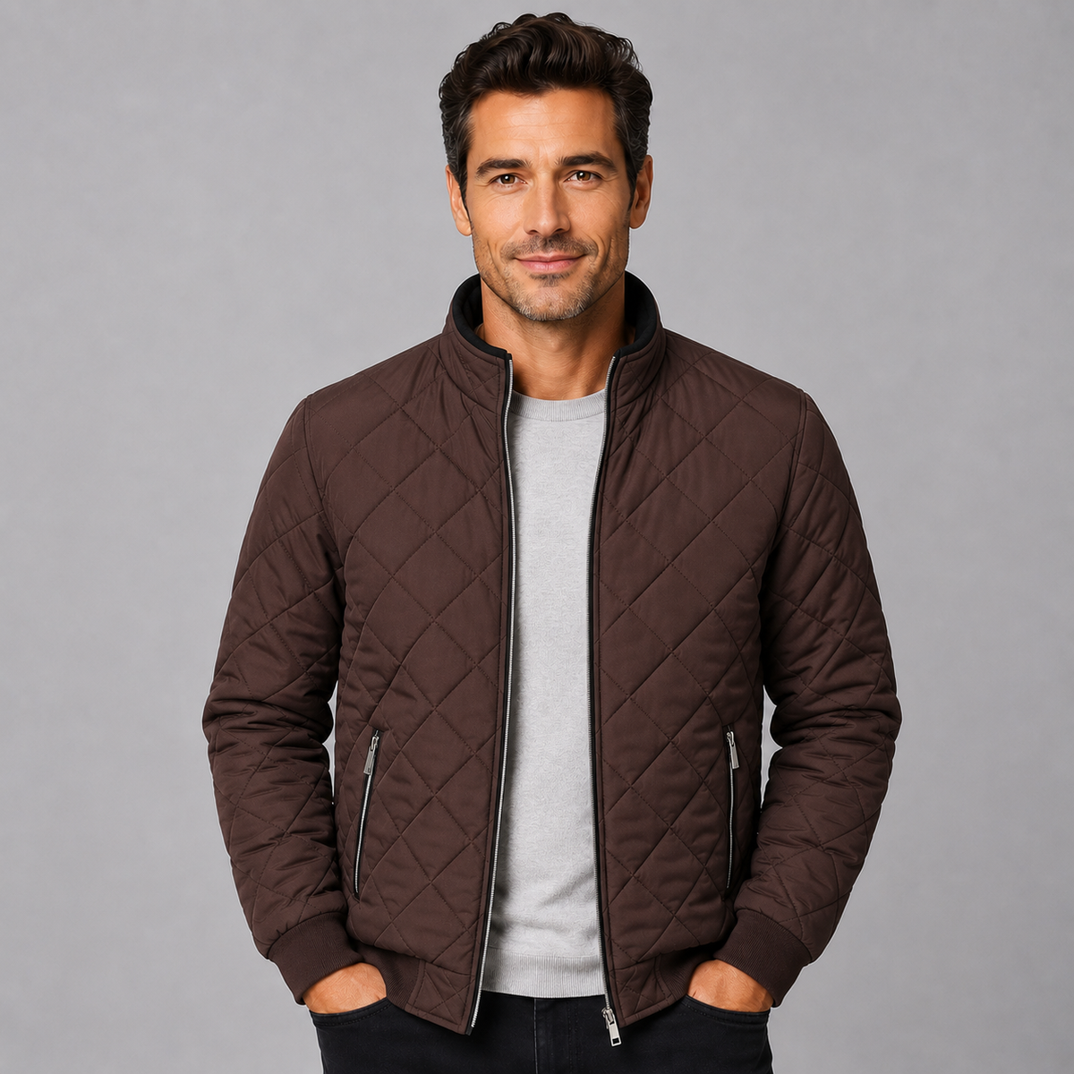 Men's Diamond-Quilted Zip-Up Jacket with Stand Collar