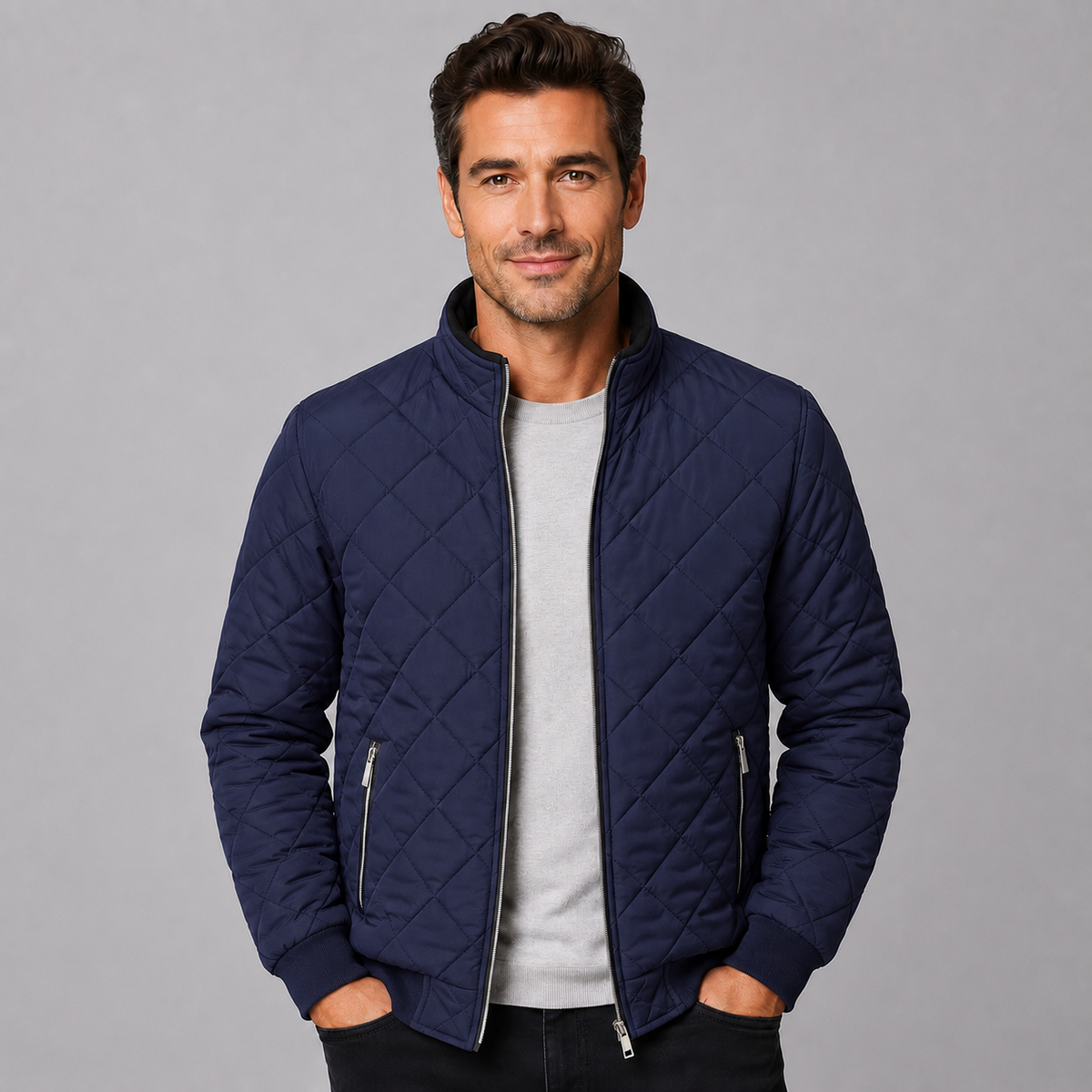 Men's Diamond-Quilted Zip-Up Jacket with Stand Collar