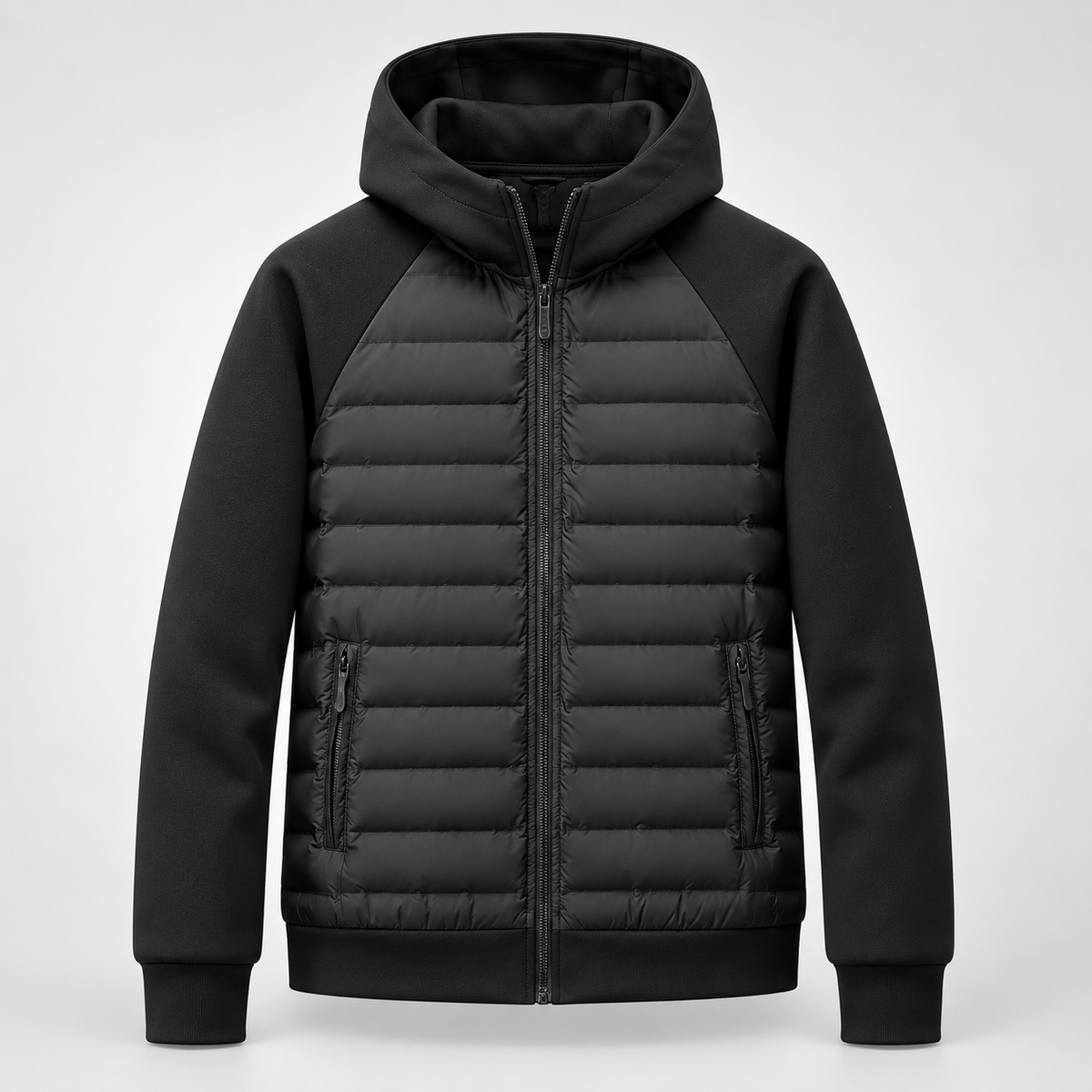 Rowenfield Men's Hooded Down Jacket with Quilted Panels — Black