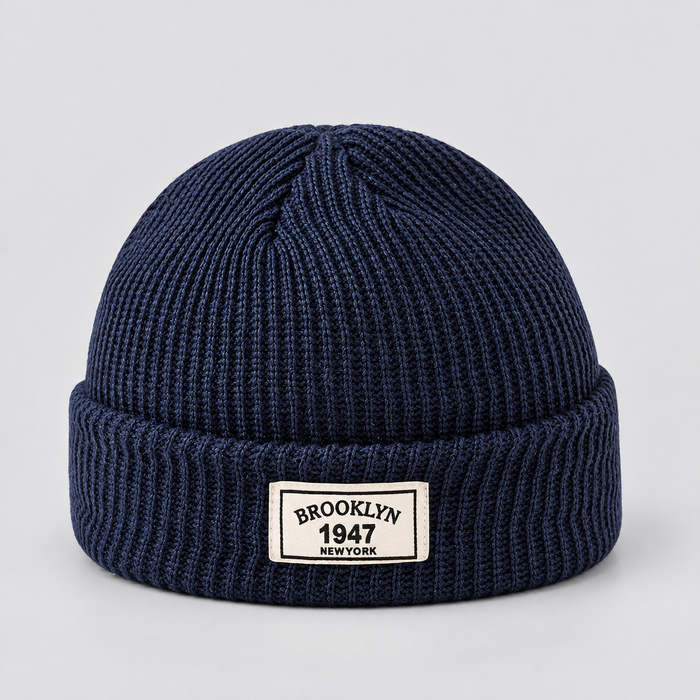 Rowenfield Men’s Hat Beanie Short Fisherman Cuffed Knit — Navy Blue — product view