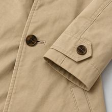 Rowenfield Men's Tailored Longline Button Front Coat — Beige coat fabric, button and cuff detail