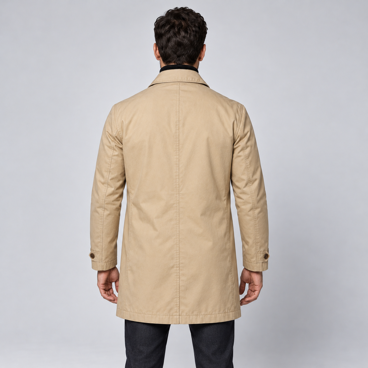 Rowenfield Men's Tailored Longline Button Front Coat — Beige coat worn by model — back