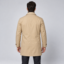 Rowenfield Men's Tailored Longline Button Front Coat — Beige coat worn by model — back