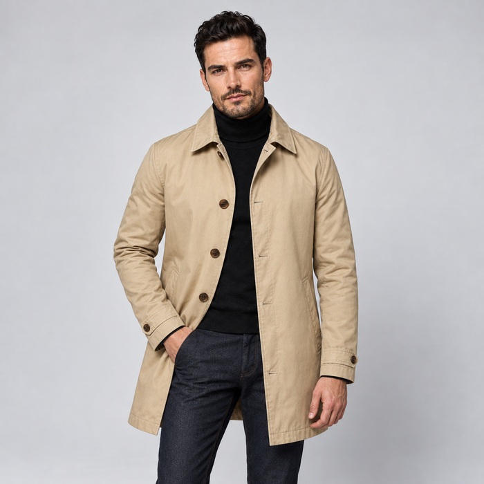 Rowenfield Men's Tailored Longline Button Front Coat — Beige coat worn by model — front