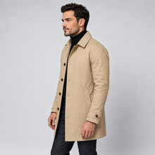 Rowenfield Men's Tailored Longline Button Front Coat — Beige coat worn by model — side