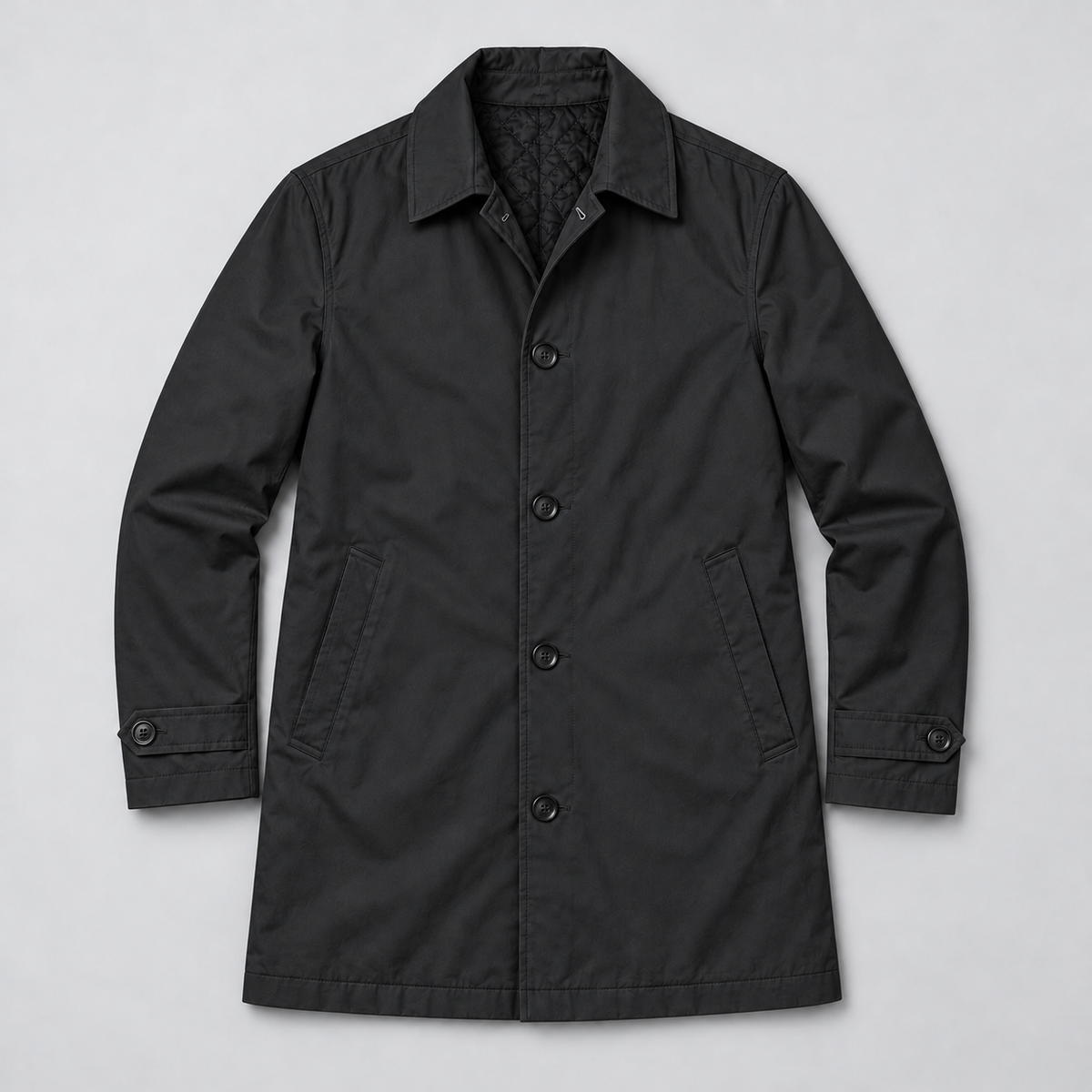 Rowenfield Men's Tailored Longline Button Front Coat — Black coat laid flat — front