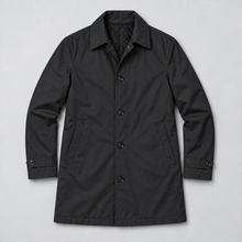 Rowenfield Men's Tailored Longline Button Front Coat — Black coat laid flat — front
