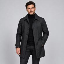Rowenfield Men's Tailored Longline Button Front Coat — Black coat worn by model — front
