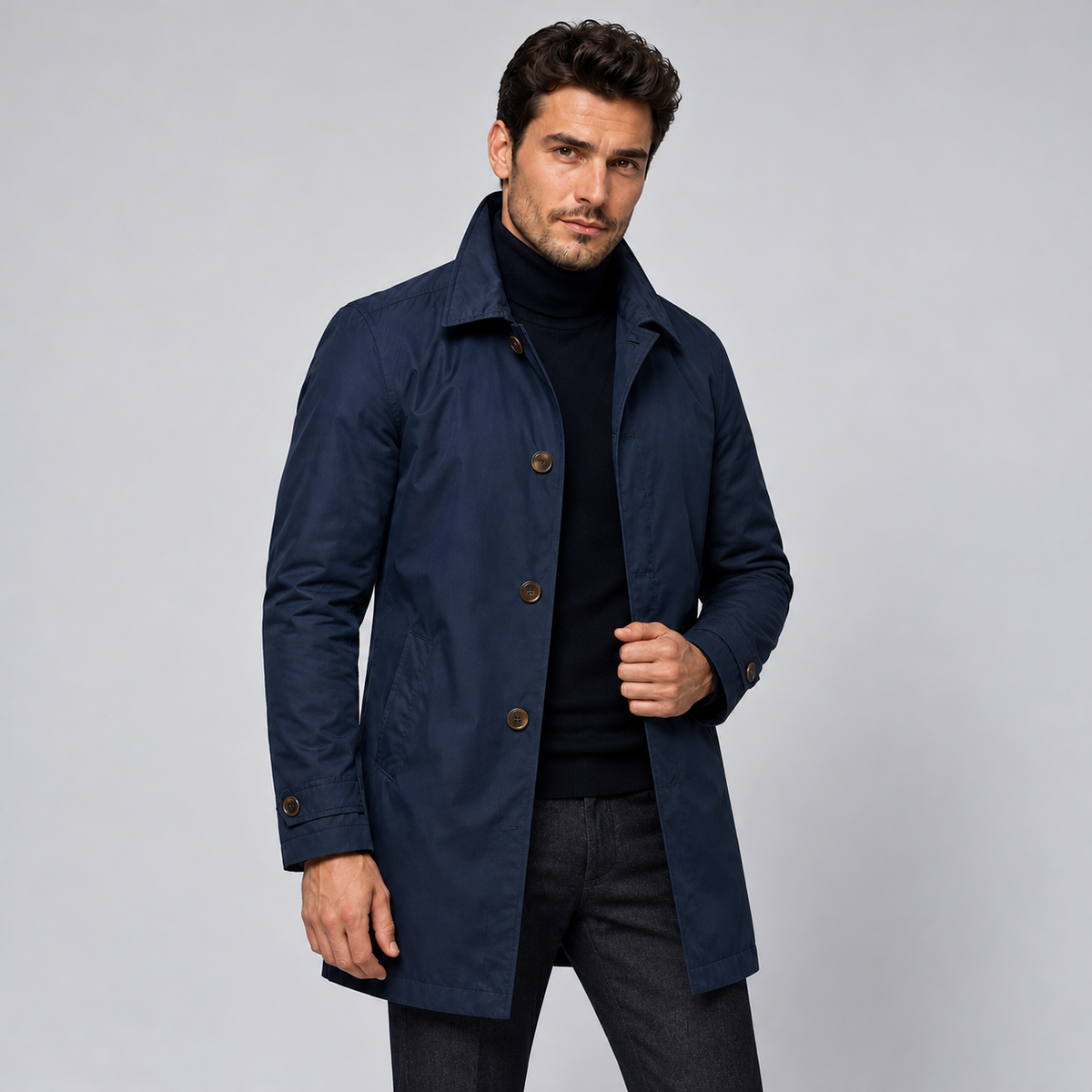 Rowenfield Men's Tailored Longline Button Front Coat — Navy coat worn by model — front