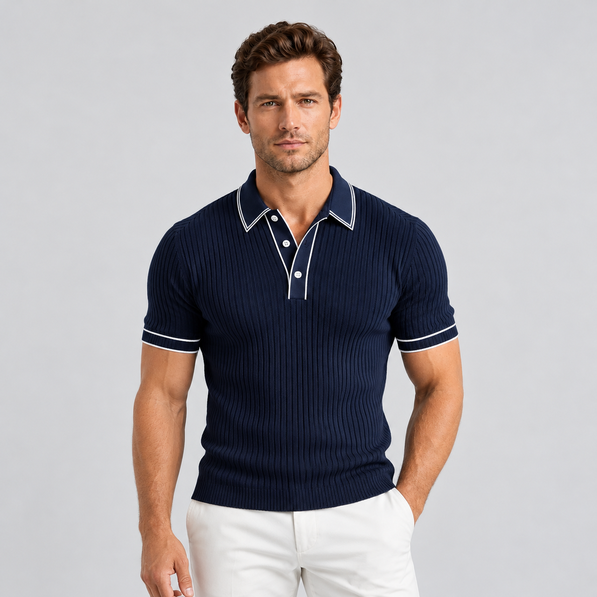 Rowenfield Men's Ribbed-Knit Polo Shirt with Contrast Trim — Navy Blue — studio front