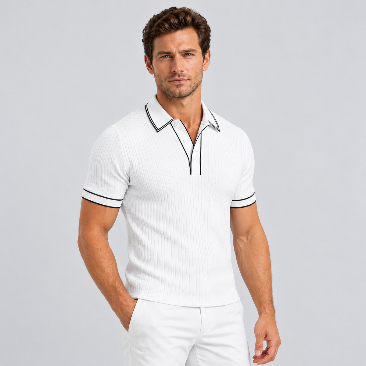 Rowenfield Men's Ribbed-Knit Polo Shirt with Contrast Trim — White — studio front