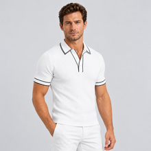 Rowenfield Men's Ribbed-Knit Polo Shirt with Contrast Trim — White — studio front