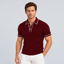 Rowenfield Men's Ribbed-Knit Polo Shirt with Contrast Trim — Wine Red — studio front