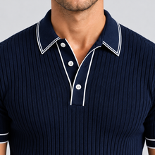 Rowenfield Men's Ribbed-Knit Polo Shirt with Contrast Trim — Navy Blue — closeup