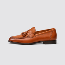 Brown woven tassel loafer side profile