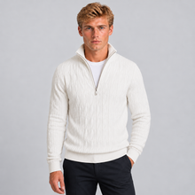 Rowenfield Men's Quarter Zip Jumper with Textured Funnel Neck — White — studio front