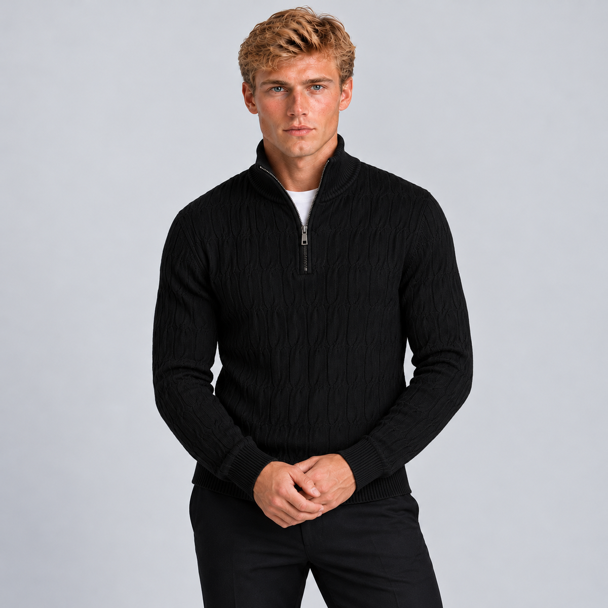 Rowenfield Men's Quarter Zip Jumper with Textured Funnel Neck — Black — studio front