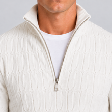 Rowenfield Men's Quarter Zip Jumper with Textured Funnel Neck — White — closeup