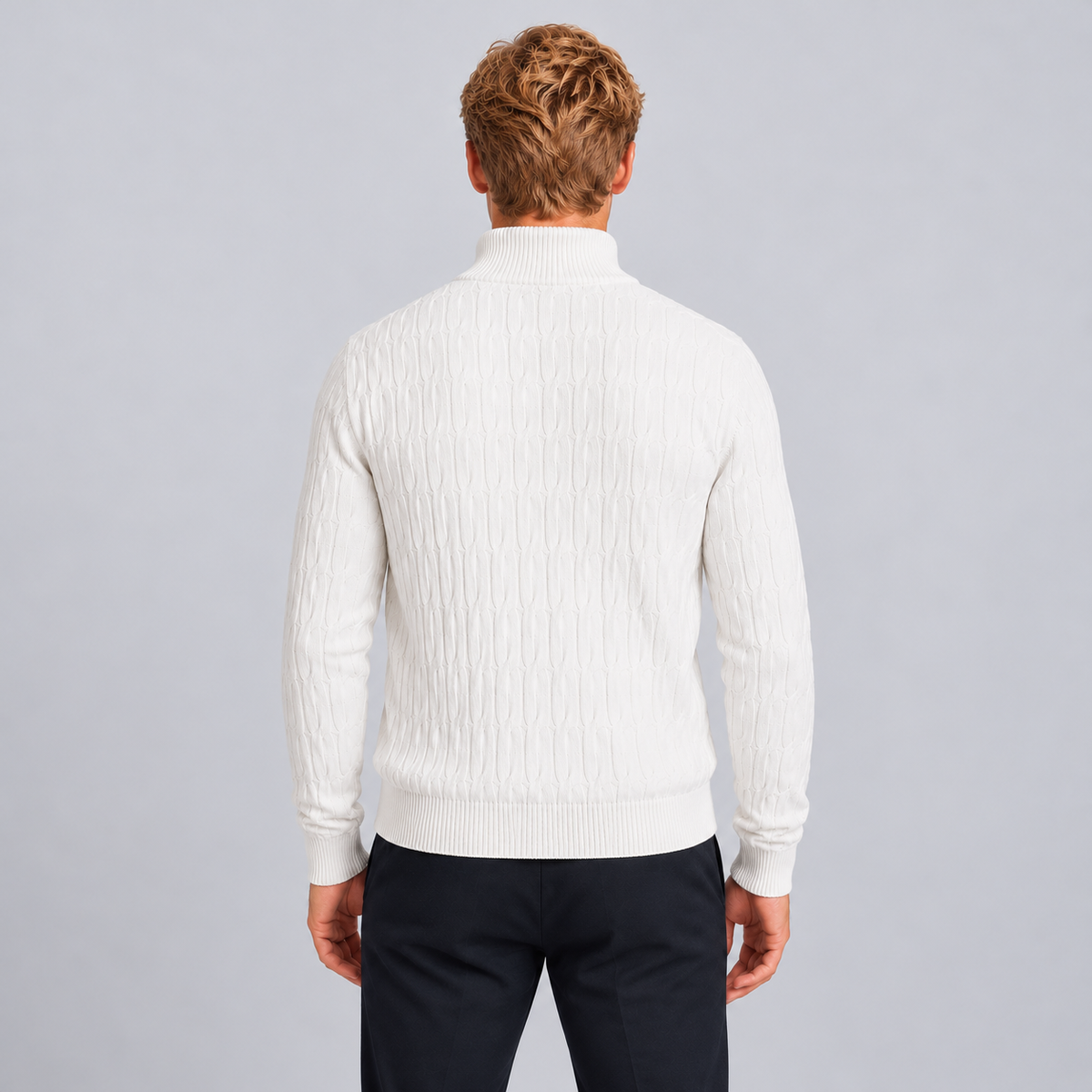 Rowenfield Men's Quarter Zip Jumper with Textured Funnel Neck — White — back