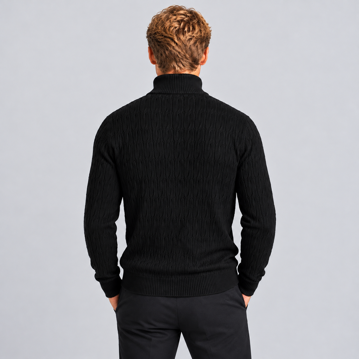 Rowenfield Men's Quarter Zip Jumper with Textured Funnel Neck — Black — back