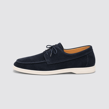 Navy moccasin lace-up side profile