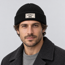 Rowenfield Men’s Hat Beanie Short Fisherman Cuffed Knit — Black — front view worn by model